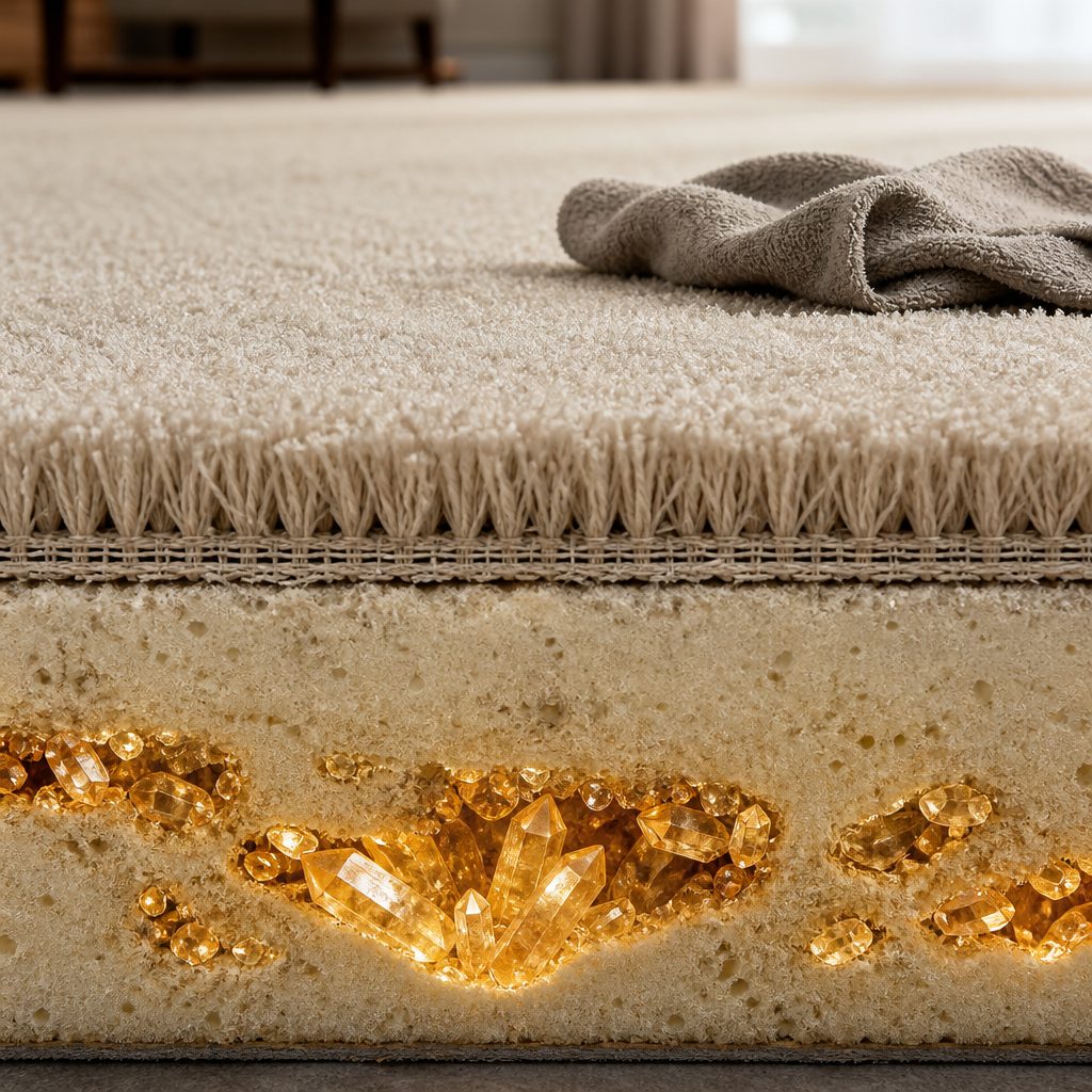 Cross-section of carpet showing crystals deep in the padding