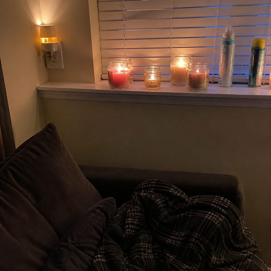 A shelf of candles and air fresheners above the couch corner
