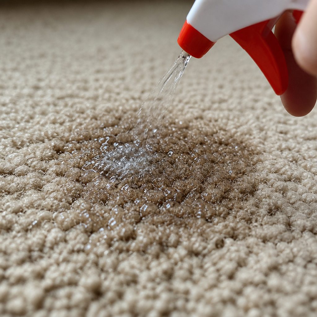Spray bottle soaking a carpet spot with water